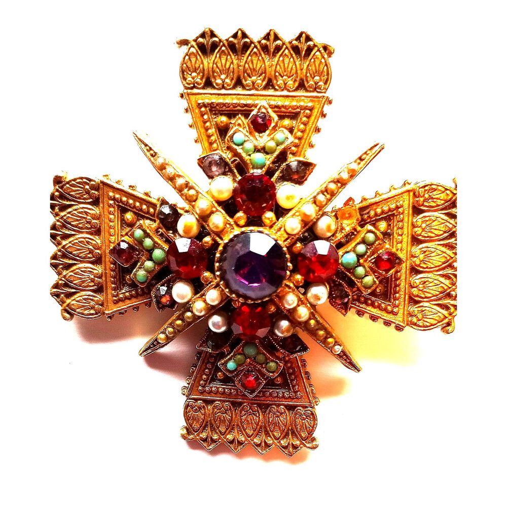 Maltese cross vintage Arthur Pepper brooch pin faux pearl rhinestones gold tone